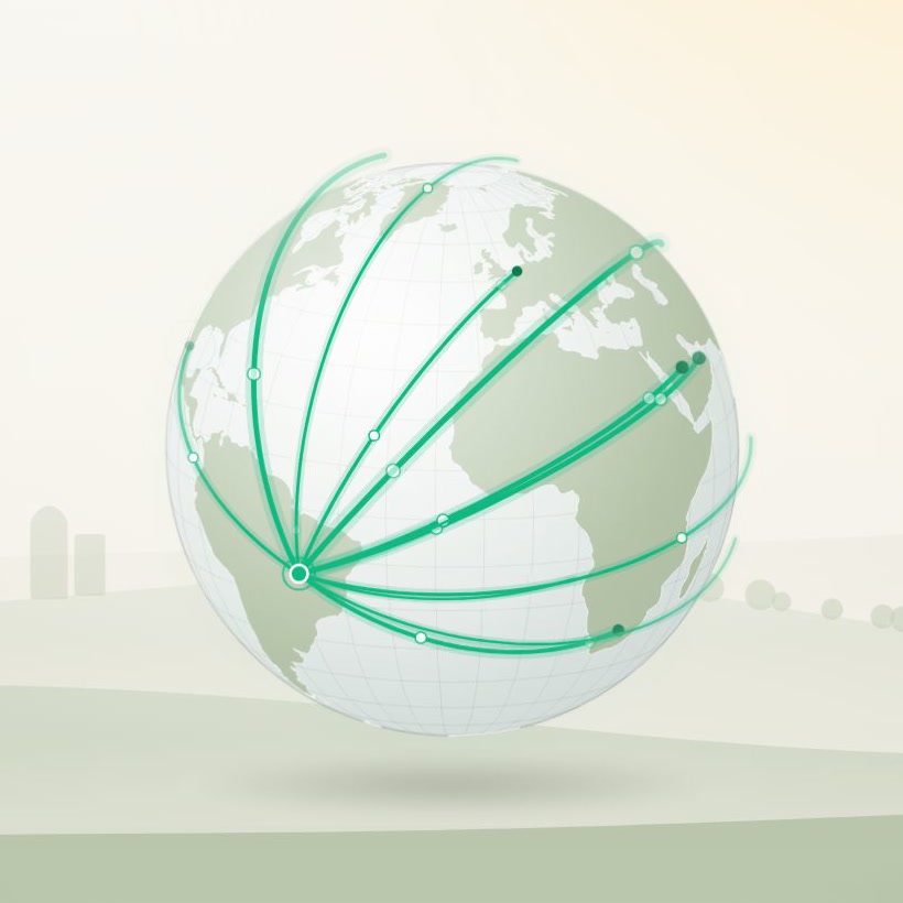 Globo com as rotas de exportação de frango do Brasil para os 12 principais destinos
